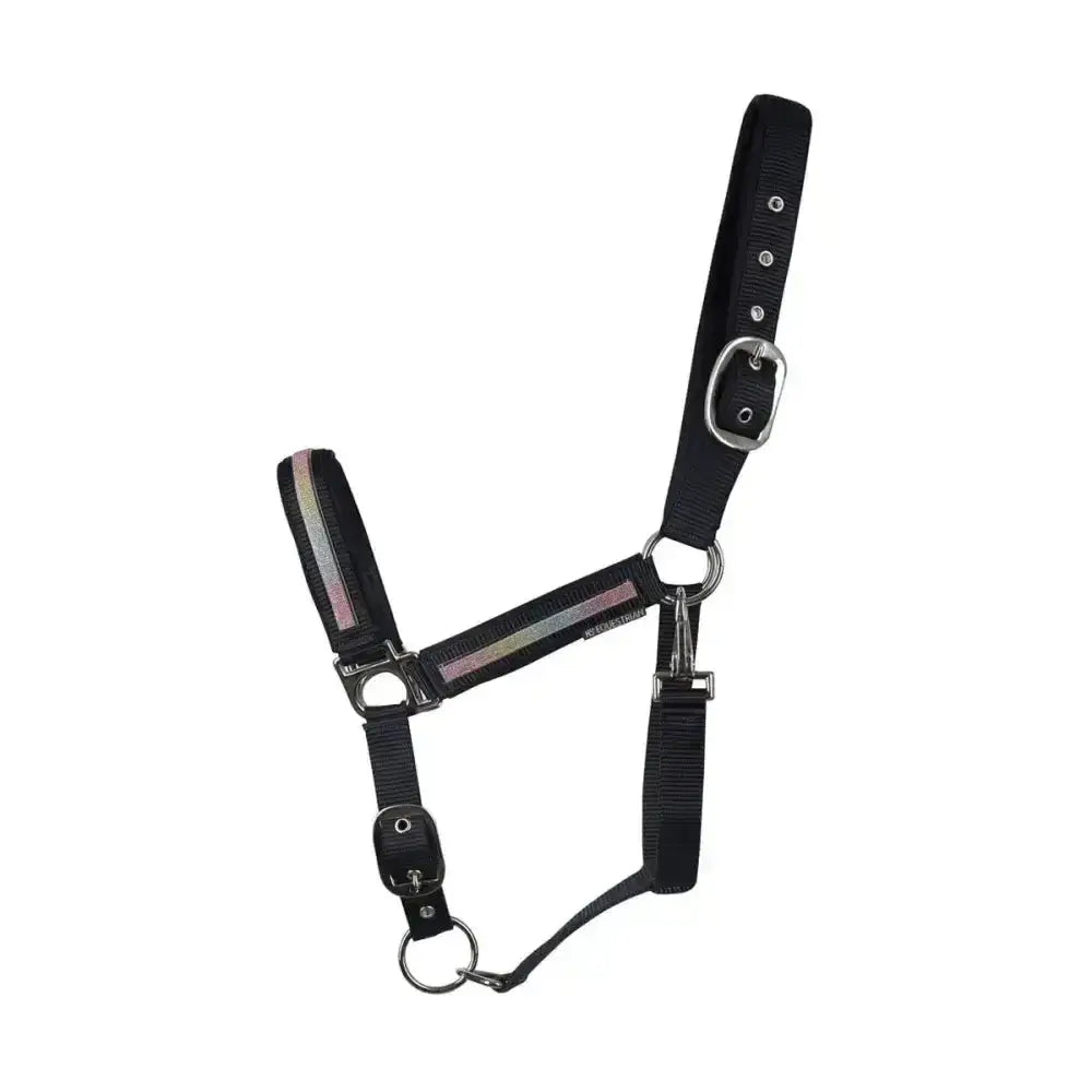 Black hy equestrian mystic head collar with reflective stripes and silver hardware for a stylish horse’s wardrobe
