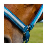 Blue and silver reflective horse halter with ribbed fabric straps from hy equestrian mystic head collar for horse’s wardrobe