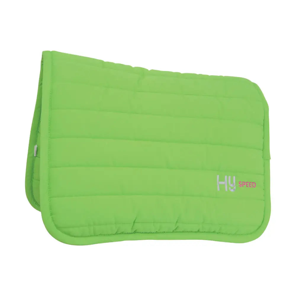 Bright lime green quilted hy equestrian neon reversible comfort pad with hy speed embroidered in pink and white