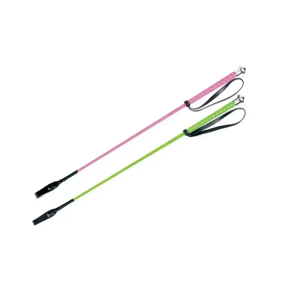 Hy equestrian neon riding whip in pink and lime green with black leather grip and silver fleck handle with dotted pattern