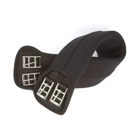 Black padded neoprene dressage girth with silver metal buckles for a comfy equestrian neoprene dressage fit