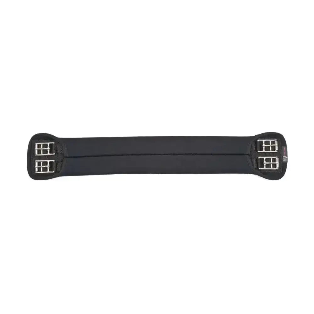 Black neoprene dressage girth pad with silver metal buckles on each end from hy equestrian neoprene dressage girth