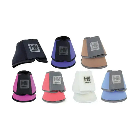 A collection of hy equestrian neoprene over reach boots in various colors featuring recessed stitching for durability