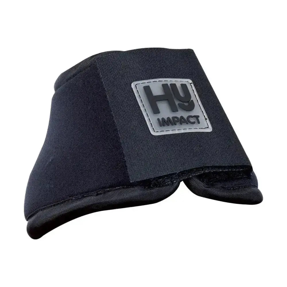 Black hy impact reach boots with gray logo patch made of equestrian neoprene and recessed stitching for hoof protection