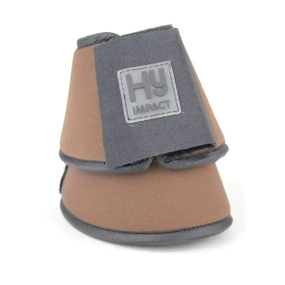 Tan and gray hy impact equestrian neoprene reach boots with padded adjustable strap and recessed stitching design