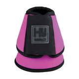 Pink and black hy equestrian neoprene over reach boots with recessed stitching and gray hy impact logo patch back view