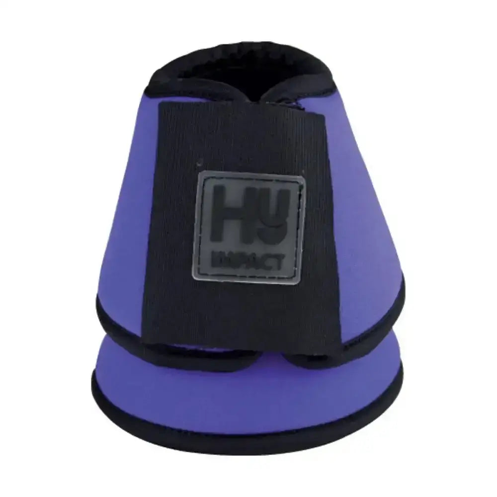 Purple and black hy equestrian neoprene reach boots with gray hu logo patch and recessed stitching on the back side