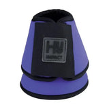 Purple and black hy equestrian neoprene reach boots with gray hu logo patch and recessed stitching on the back side