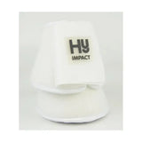 White plush horse hoof bootie with black hy impact logo patch featuring recessed stitching in equestrian neoprene reach boots
