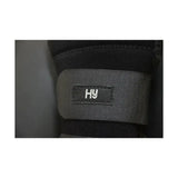 Black fabric strap with stitched hy logo on equestrian neoprene protect tail shock-absorbing tail guard