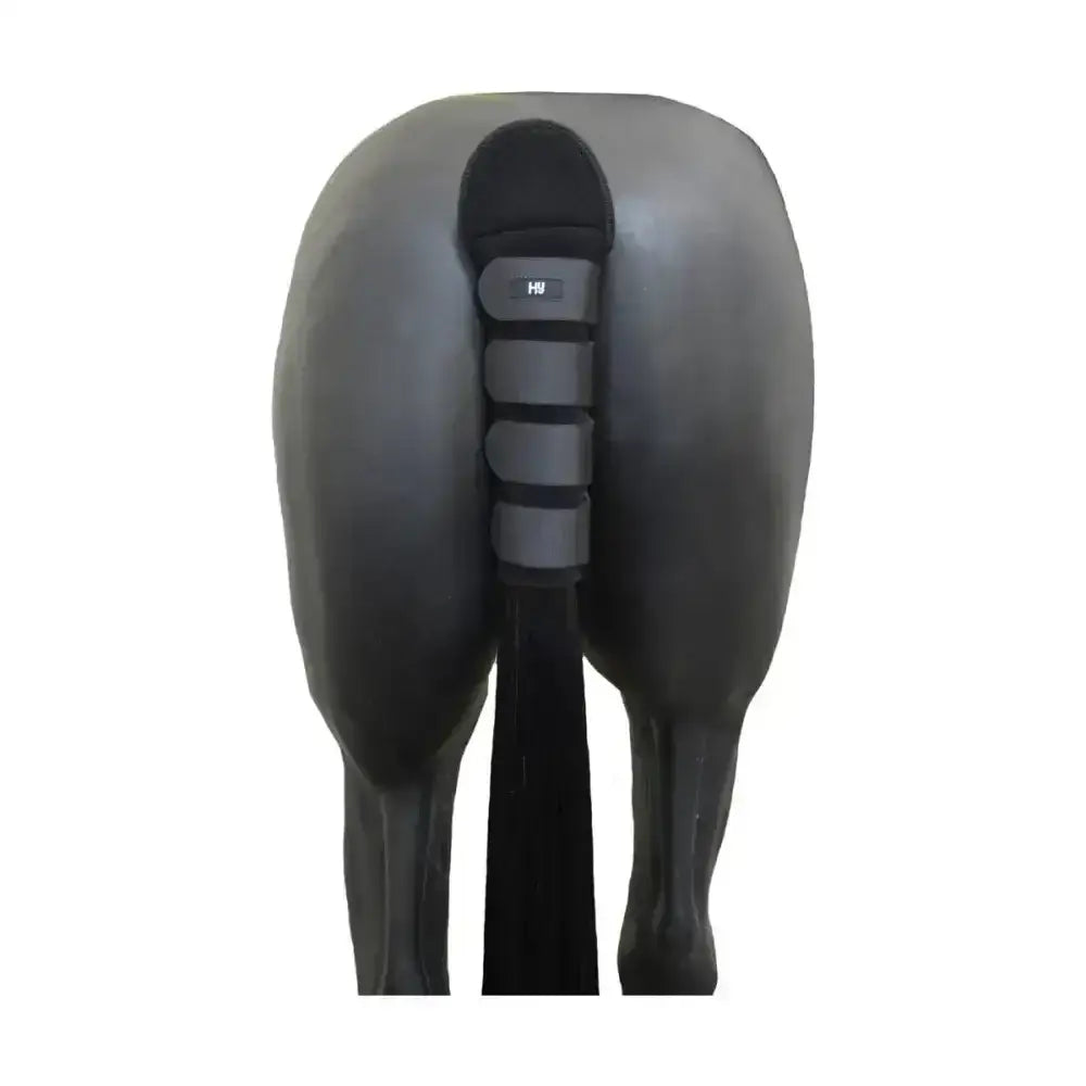 Black horse tail protector with adjustable straps and branded label made of shock-absorbing neoprene protect tail guard