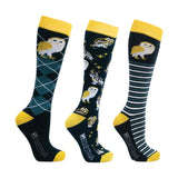 Hy Equestrian Night Owl Socks (Pack of 3) Navy/Yellow 4-8 Riding Socks Barnstaple Equestrian Supplies