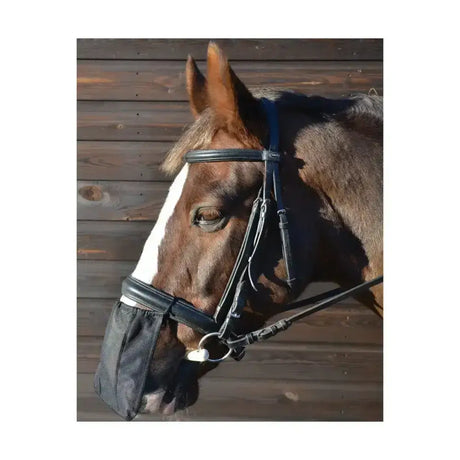 Black leather equestrian nose shield with mesh netting over the mouth for horse tack nose covers