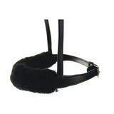 Black leather equestrian noseband cover with plush black fleece lining that prevents rubbing and protects horse skin