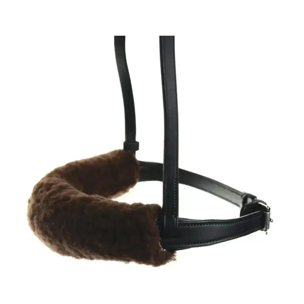 Black leather horse halter with plush brown sheepskin equestrian noseband cover that prevents rubbing and adds comfort