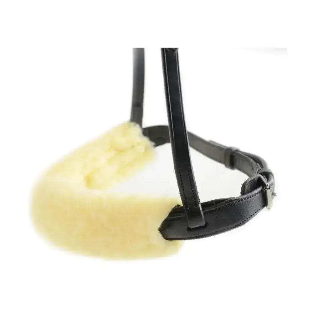 Black leather equestrian noseband cover with soft pale yellow sheepskin padding prevents rubbing and discomfort