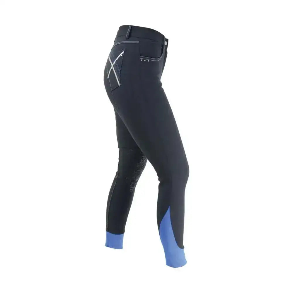Back view of black hy equestrian olympian ladies breeches with blue cuffs and white x design on pocket stylish breeches