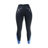 Back view of black hy equestrian olympian ladies breeches with blue ankle accents and white x-pattern stitching stylish breeches