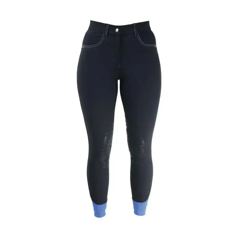 Black equestrian olympian ladies breeches with blue cuffs and subtle textured patterns on the thighs stylish breeches