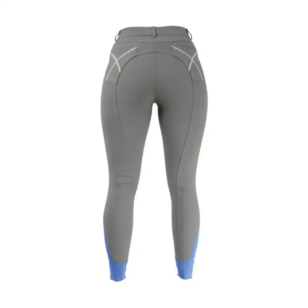 Back view of gray hy equestrian olympian ladies breeches with blue cuff accents and white stitching stylish breeches