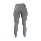 Back view of gray hy equestrian olympian ladies breeches with blue cuff accents and white stitching stylish breeches