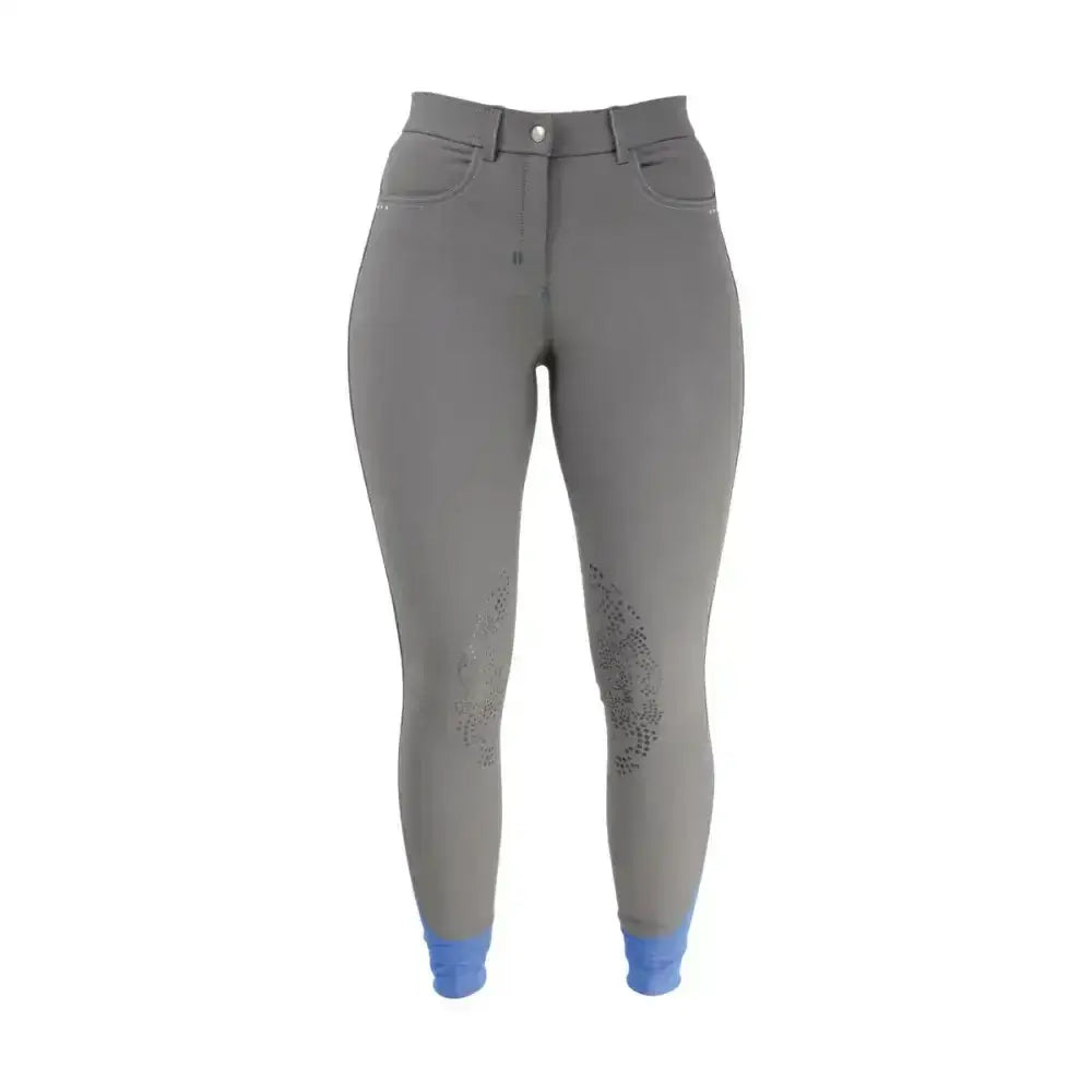 Gray hy equestrian olympian ladies breeches with blue cuffs and subtle patterned detailing for stylish breeches look