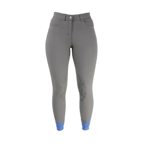 Gray hy equestrian olympian ladies breeches with blue cuffs and subtle patterned detailing for stylish breeches look