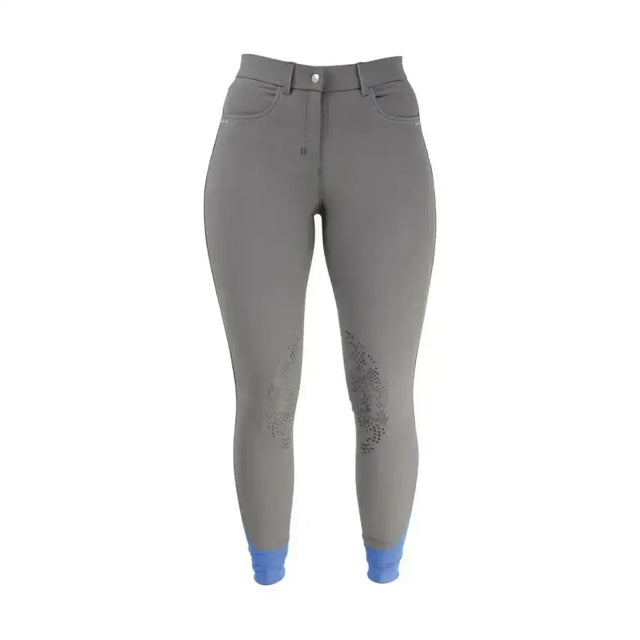 Gray hy equestrian olympian ladies breeches with blue cuffs and subtle patterned detailing for stylish breeches look