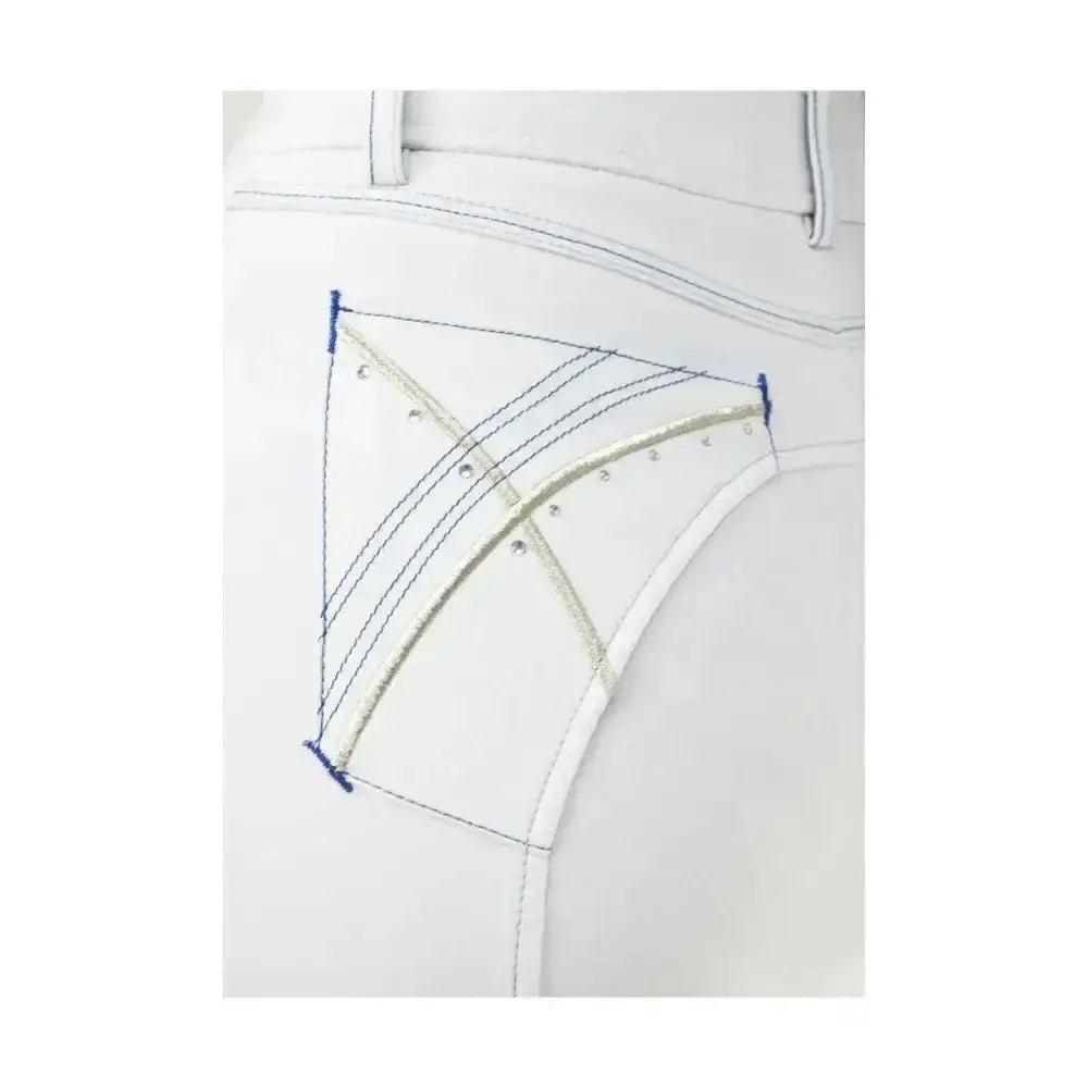 White leather equestrian olympian ladies breeches with geometric stitching and metallic accents for a stylish look