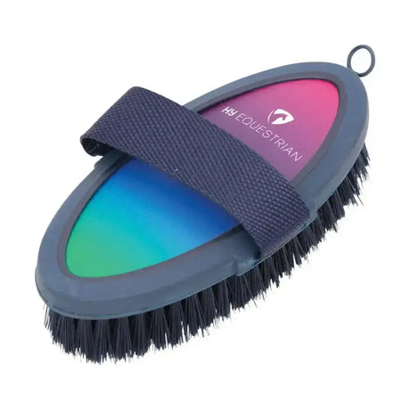 Hy equestrian ombre body brush with black bristles and dark gray handle featuring pink to blue gradient top surface