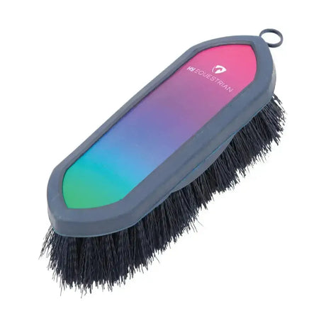 A sleek hy equestrian ombre dandy brush with rainbow gradient plastic, black bristles and hanging loop