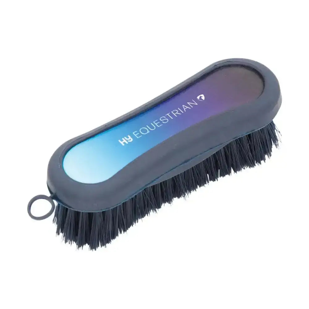 Black bristle ombre face brush with soft touch navy handle and hy equestrian logo for grooming horses