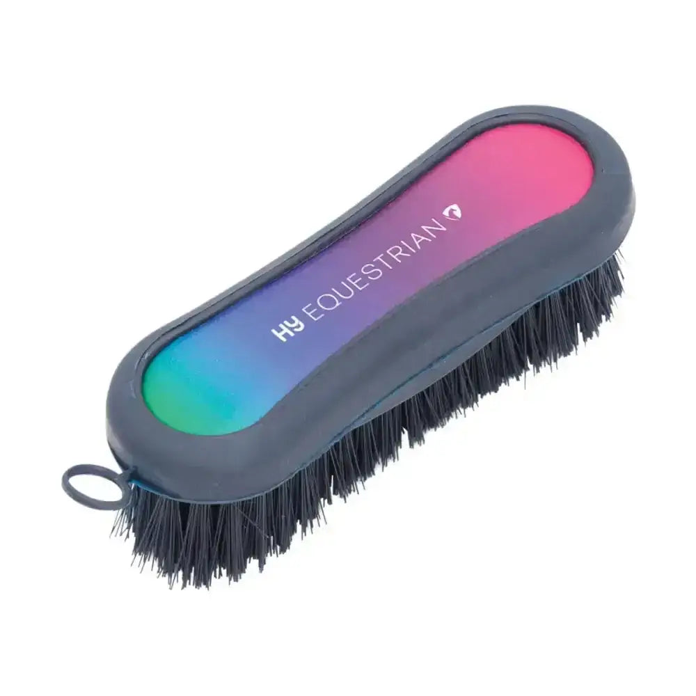A sleek hy equestrian ombre face brush with ergonomic rainbow pink to teal handle and soft black bristles