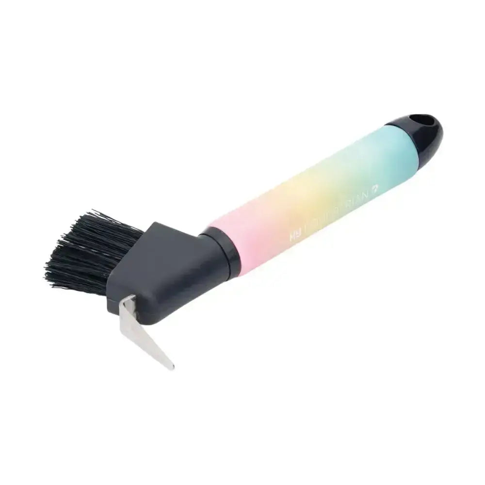 Hy equestrian ombre hoof pick with pastel rainbow gradient handle quality pp bristles and silver metal scraper for cleaning