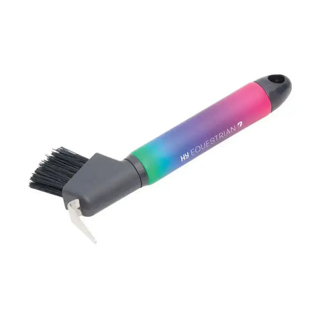 A vibrant gradient-handled hy equestrian ombre hoof pick with quality pp bristles and a gray plastic head