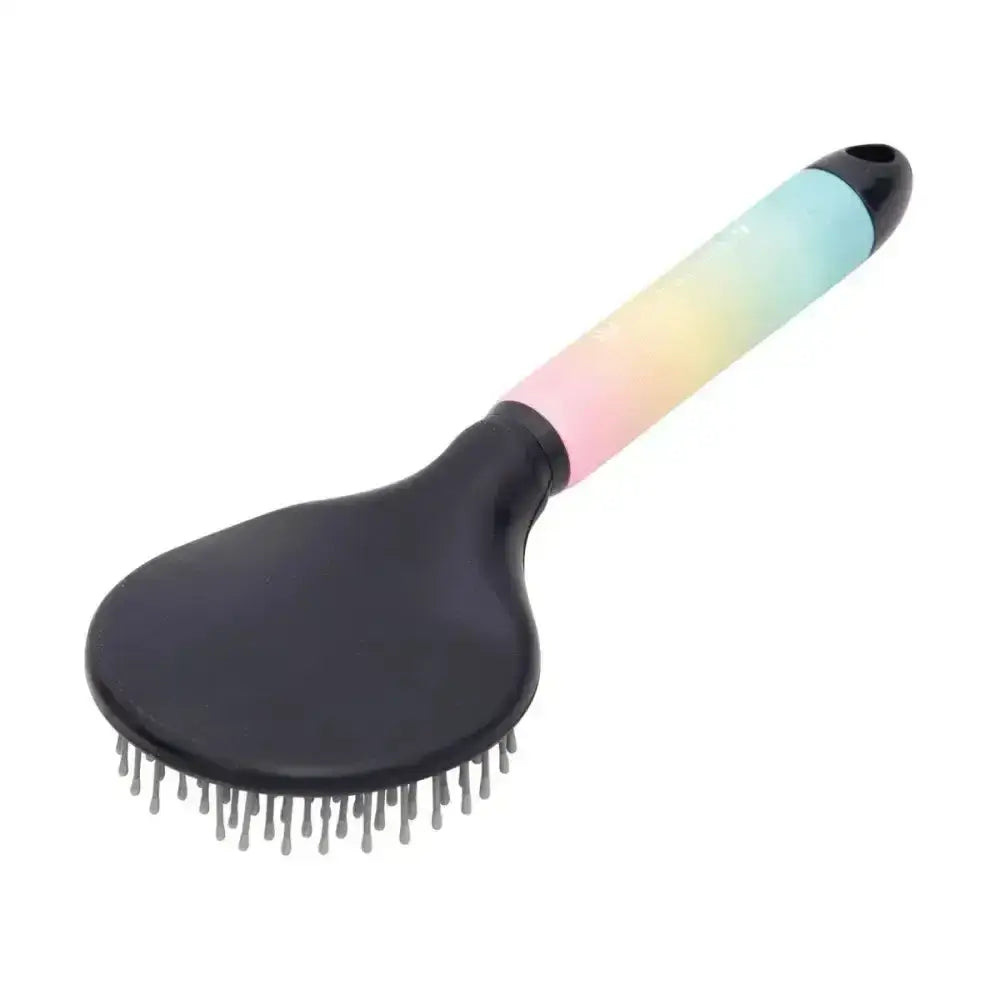 A sleek black hy equestrian ombre mane round head mane brush with a rainbow handle and metallic bristles for detangling manes