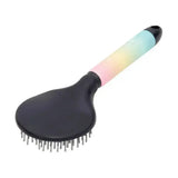 A sleek black hy equestrian ombre mane round head mane brush with a rainbow handle and metallic bristles for detangling manes
