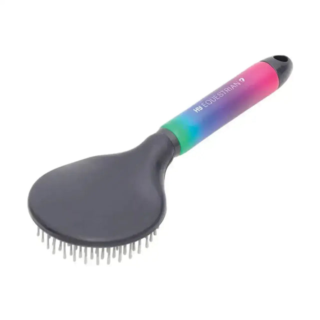 Hy equestrian ombre mane round head mane brush with a vibrant rainbow handle and matte black bristles for detangling manes