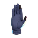 Navy blue ombre riding gloves with black touchscreen fingertips and light blue palm accents for riding outfit