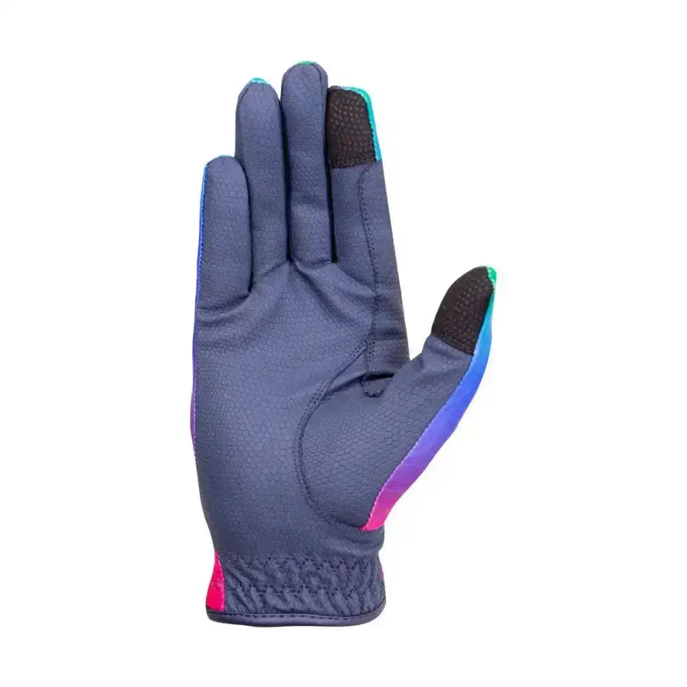A navy blue hy equestrian ombre riding glove with teal purple and pink gradient accents on the back side
