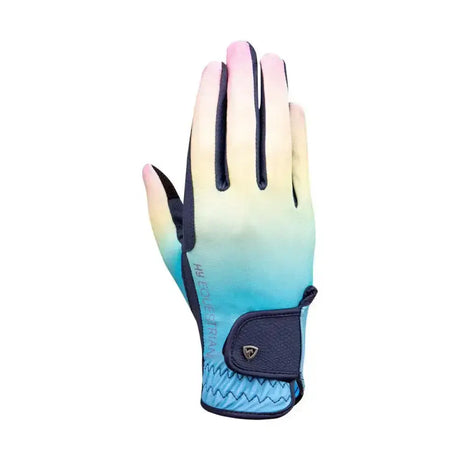 Back of vibrant hy equestrian ombre riding gloves with pink yellow blue synthetic leather and black reinforced tips