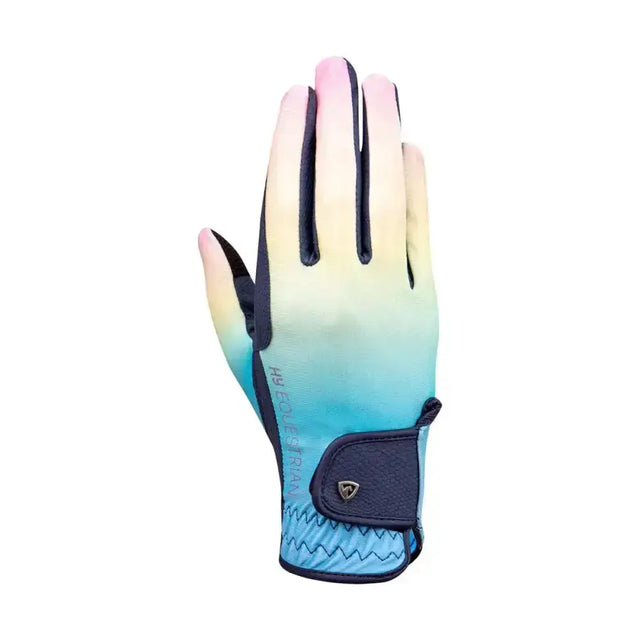 Back of vibrant hy equestrian ombre riding gloves with pink yellow blue synthetic leather and black reinforced tips