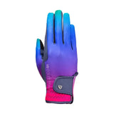A vibrant hy equestrian ombre riding glove with teal to purple gradient and pink black accents for riding outfit