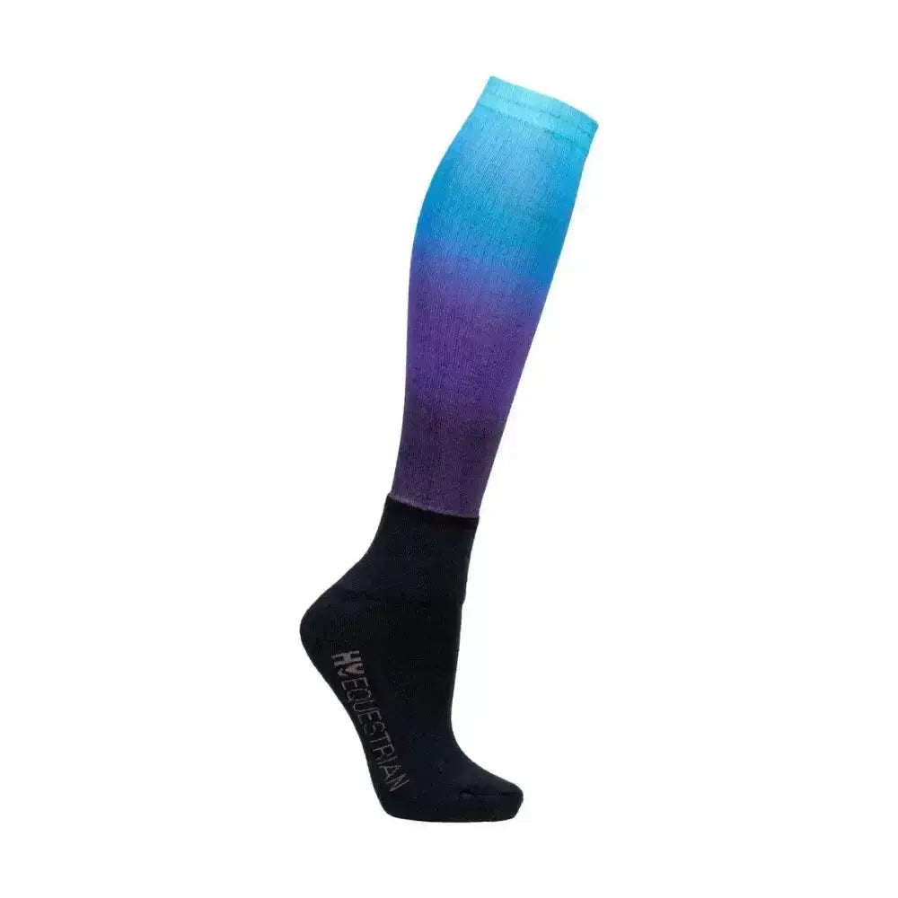 Blue to purple gradient equestrian ombre riding socks with black ankle cuff and h2o equestrian logo on the heel