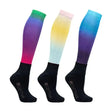 Three vibrant gradient equestrian ombre socks with black foot sections and hwequestrian branding on the heel