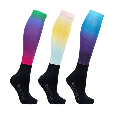 Three vibrant gradient equestrian ombre socks with black foot sections and hwequestrian branding on the heel