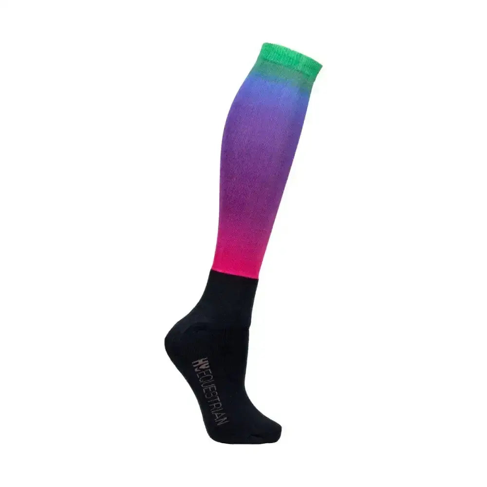Vibrant green to purple to pink ombre equestrian ombre socks with black foot and horsequestran brand name visible