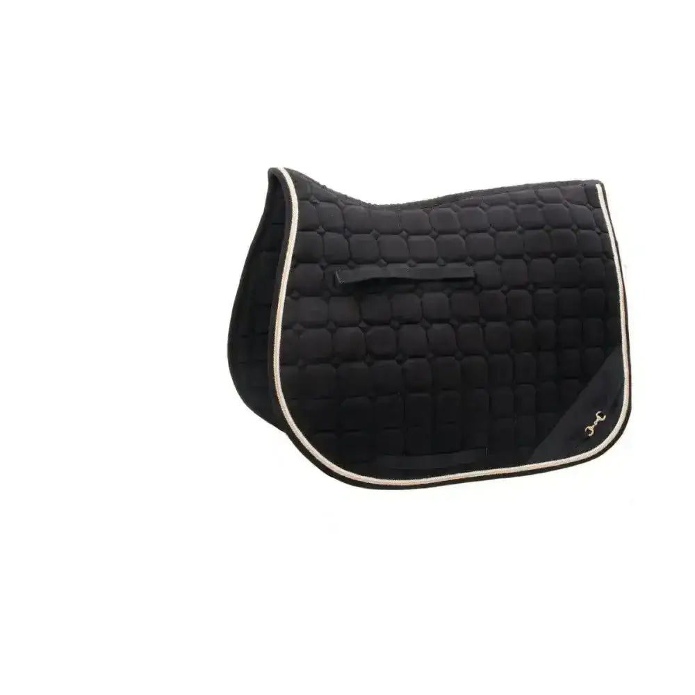 Black quilted gorgeous saddle pad by hy equestrian with white piping gold logo and luxurious suede material mesh lining