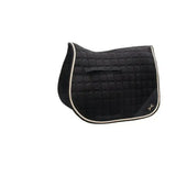 Black quilted gorgeous saddle pad by hy equestrian with white piping gold logo and luxurious suede material mesh lining