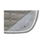Gray quilted hy equestrian on the bit saddle pad with white braided trim and silver stirrup leathers in mesh lining